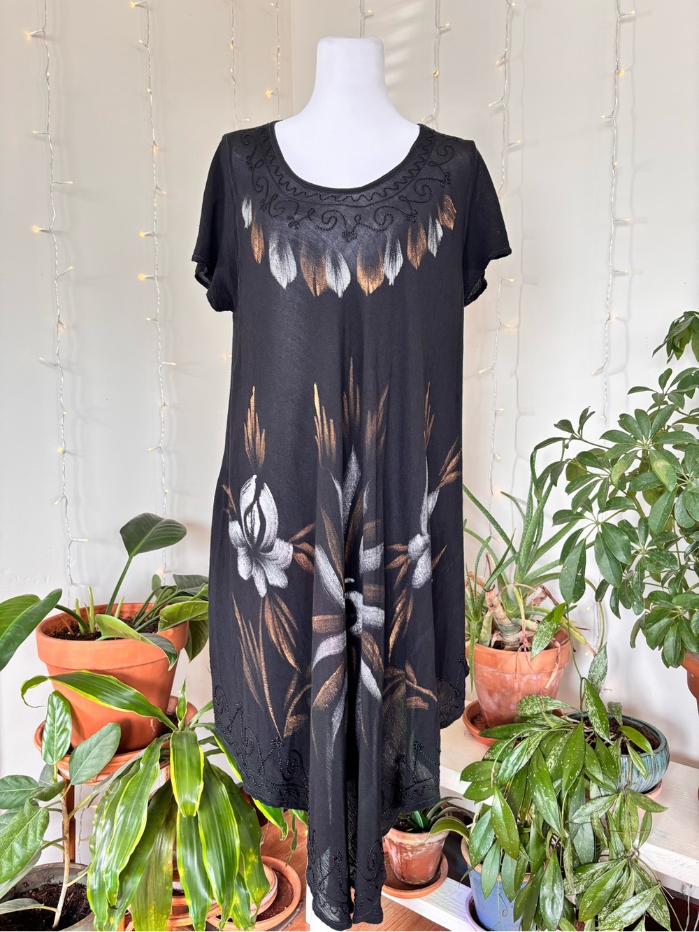Hand-Painted Floral Asymmetrical Cotton-Viscose Dress Embroidered Hem